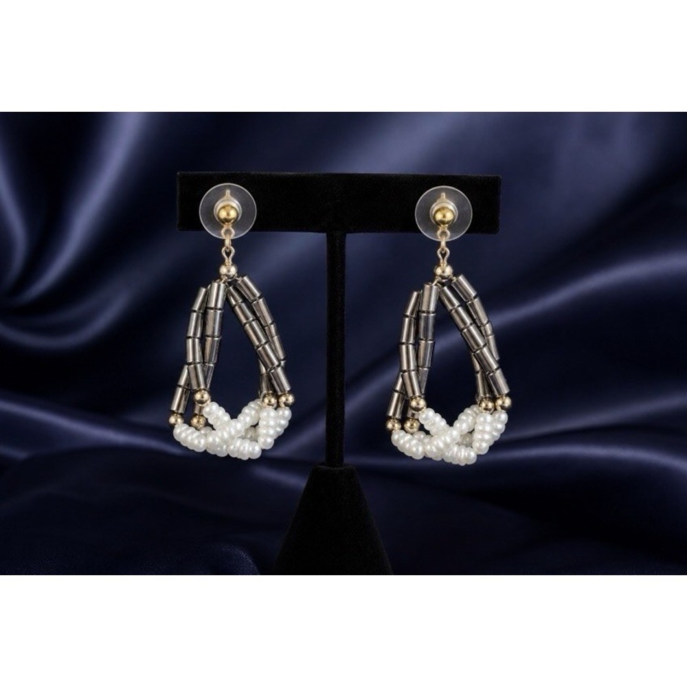 Black Hematite-Look Tube Bead & Faux Pearl Drop Earrings[JB]